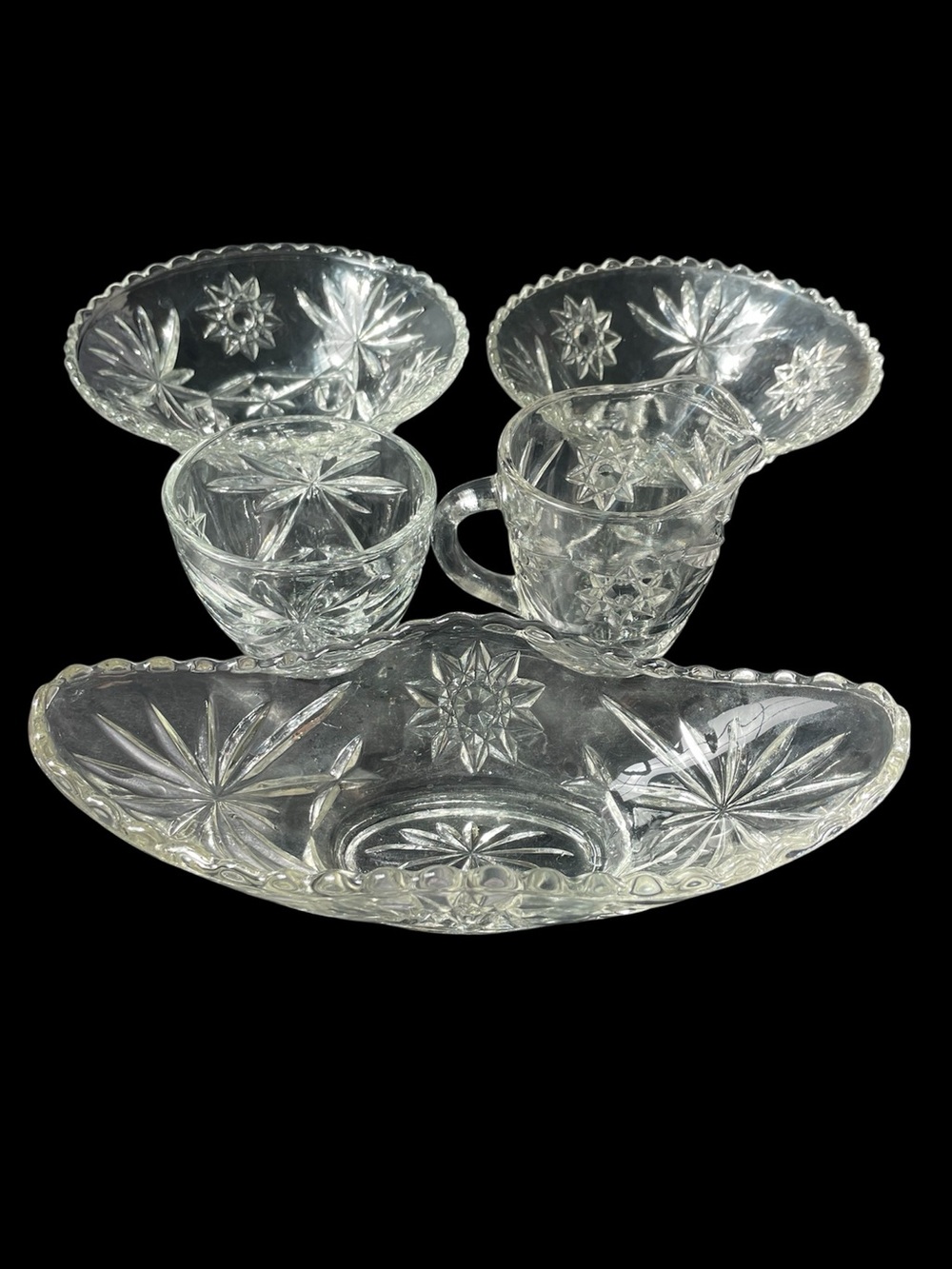 Vintage Anchor Hocking Star of David Set   Of 5 Clear Glass EAPG Pressed Glass
